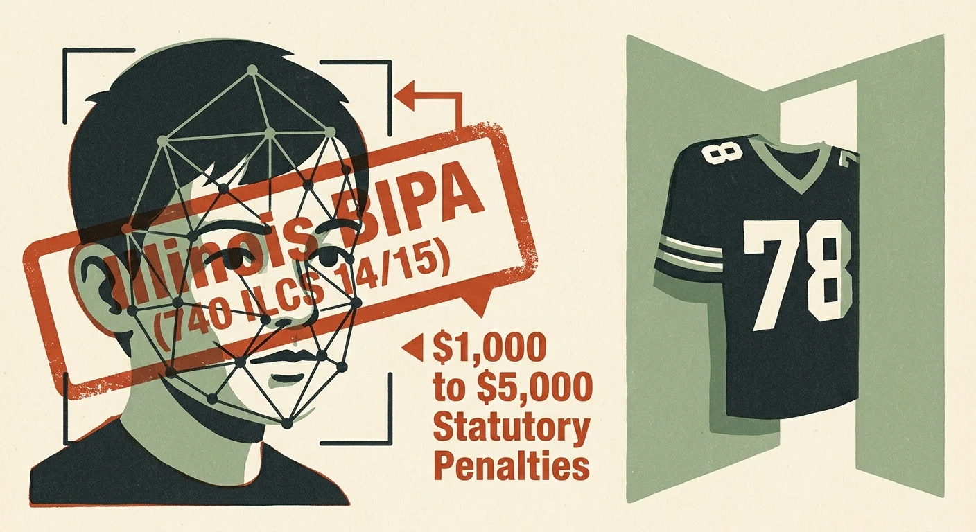 Illustration of facial recognition mesh over a boy's face beside a legal warning and a sports jersey with number 78.