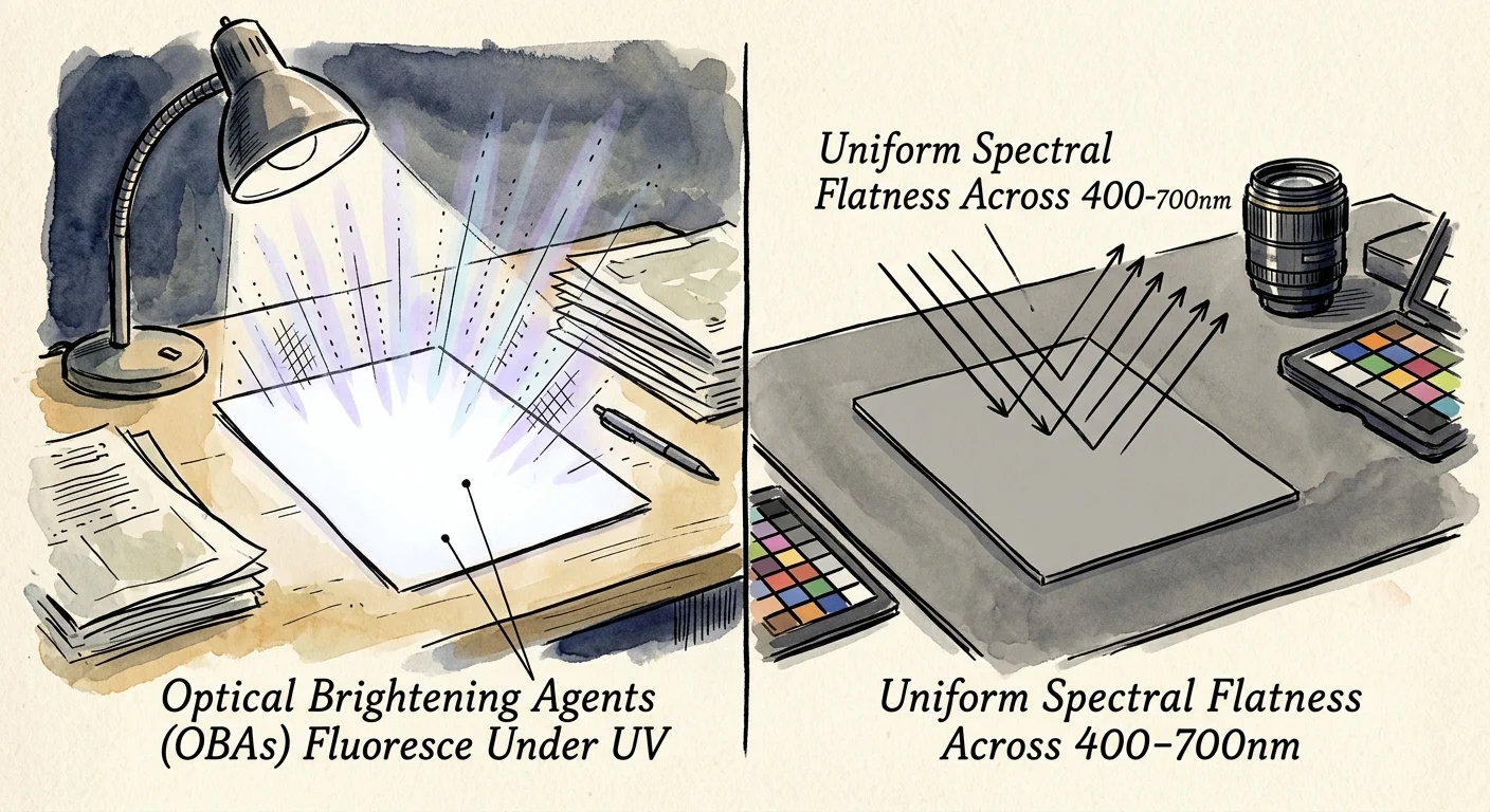 Split illustration comparing light reflecting off fluorescent white paper under a lamp to light reflecting off a gray card.