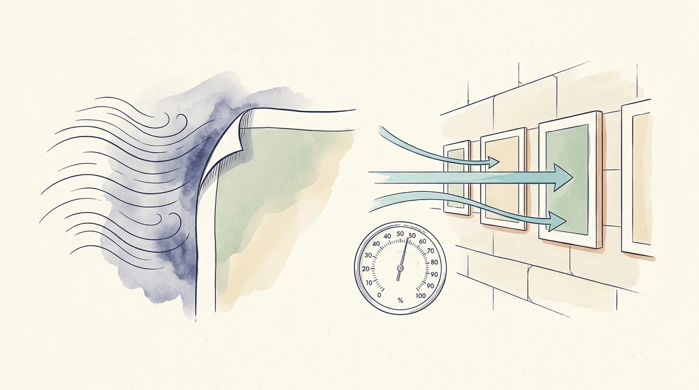 Illustration of airflow blowing against a curling photo edge, pictures mounted on a brick wall, and a humidity dial.