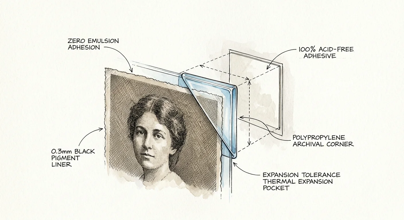 Diagram illustrating a polypropylene archival corner holding the edge of a vintage portrait print with adhesive backing.
