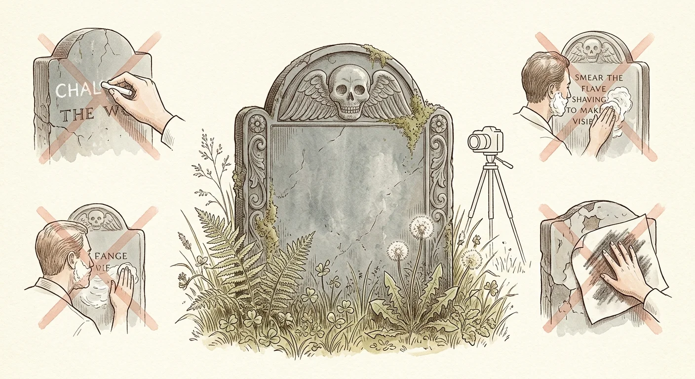 A headstone and camera tripod flanked by crossed-out vignettes depicting chalking, shaving cream, and paper rubbing.