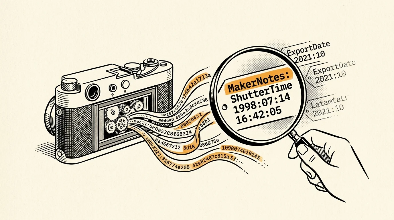 Illustration of a camera with gears streaming metadata ribbons under a magnifying glass reading MakerNotes ShutterTime.