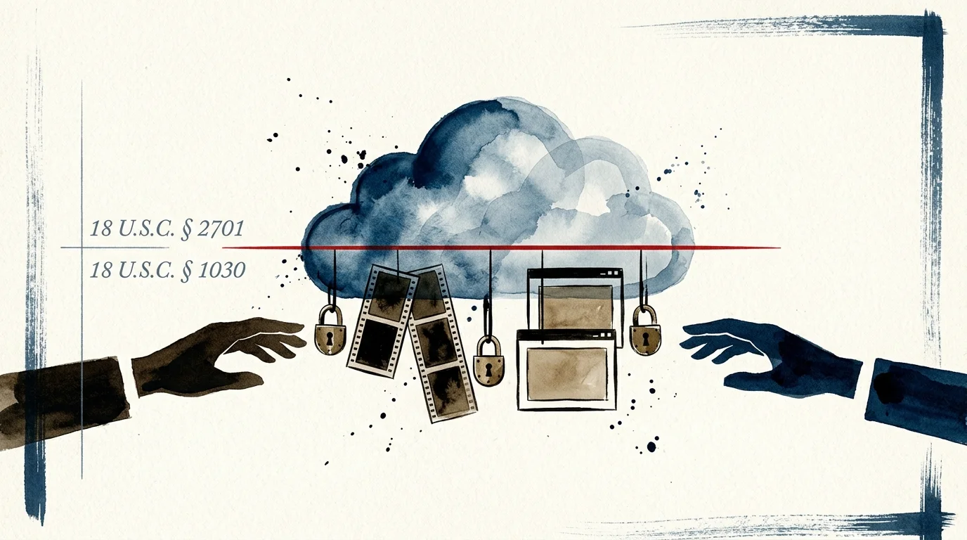 Two hands reach toward a watercolor cloud suspending padlocks, film strips, and browser windows below legal statute labels.
