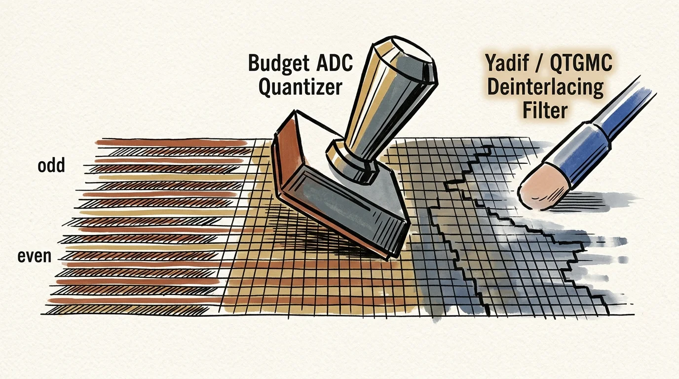 Stamp labeled Budget ADC Quantizer and an eraser labeled Yadif / QTGMC Deinterlacing Filter modifying striped grid lines.
