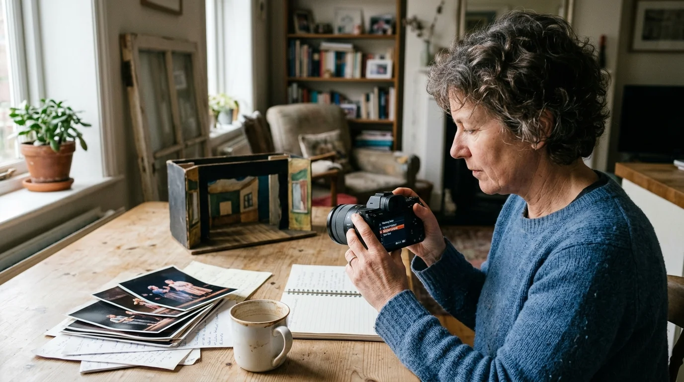 A woman sits at a wooden table reviewing digital camera settings beside prints of stage photos and a miniature stage model.