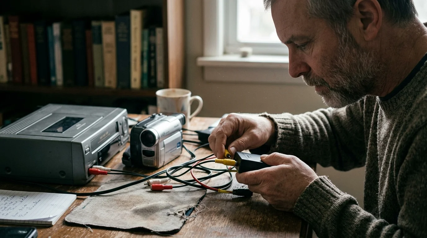 A bearded man connects RCA cables to a capture adapter at a table next to a VCR, camcorder, and notebook.