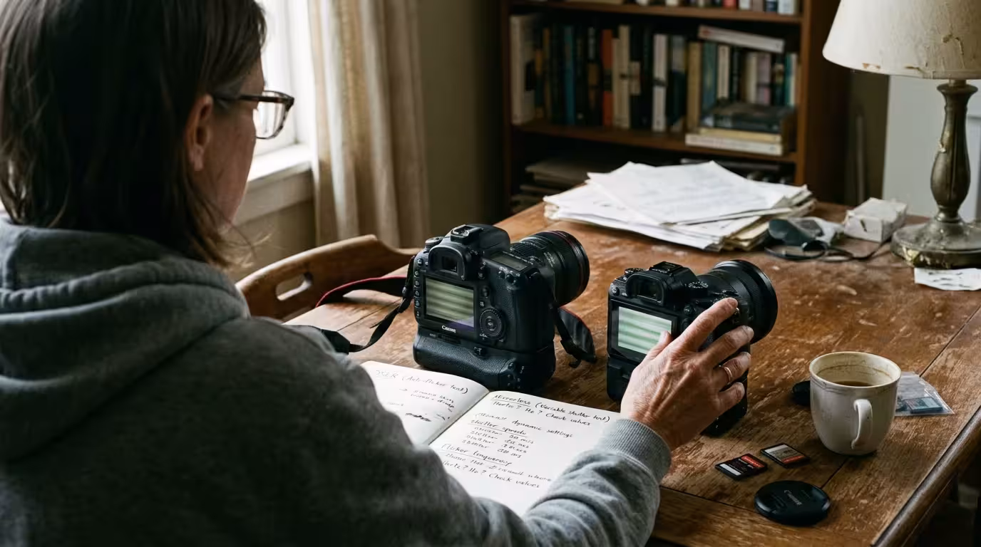 Person seated at a wooden desk testing two digital cameras beside an open notebook and coffee mug.