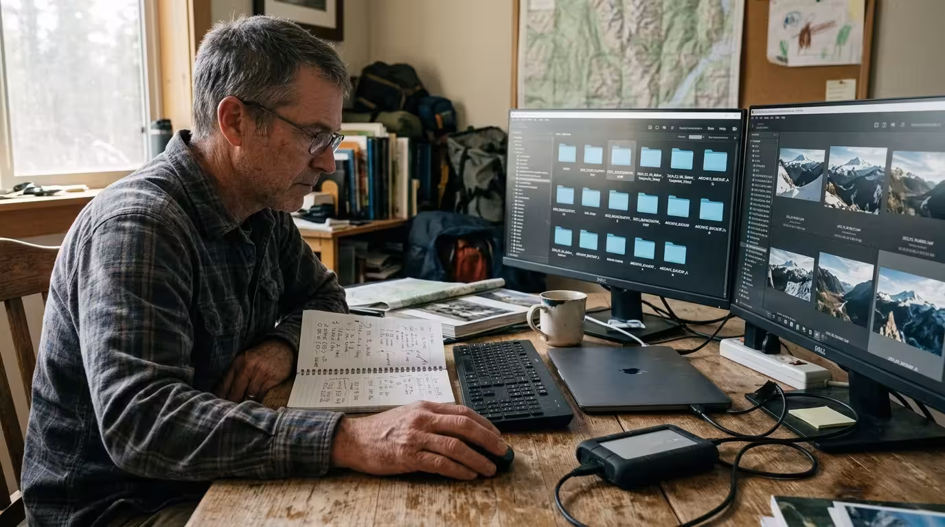 Man sitting at a desk with two computer monitors displaying folders and mountain photos alongside a laptop and hard drive.