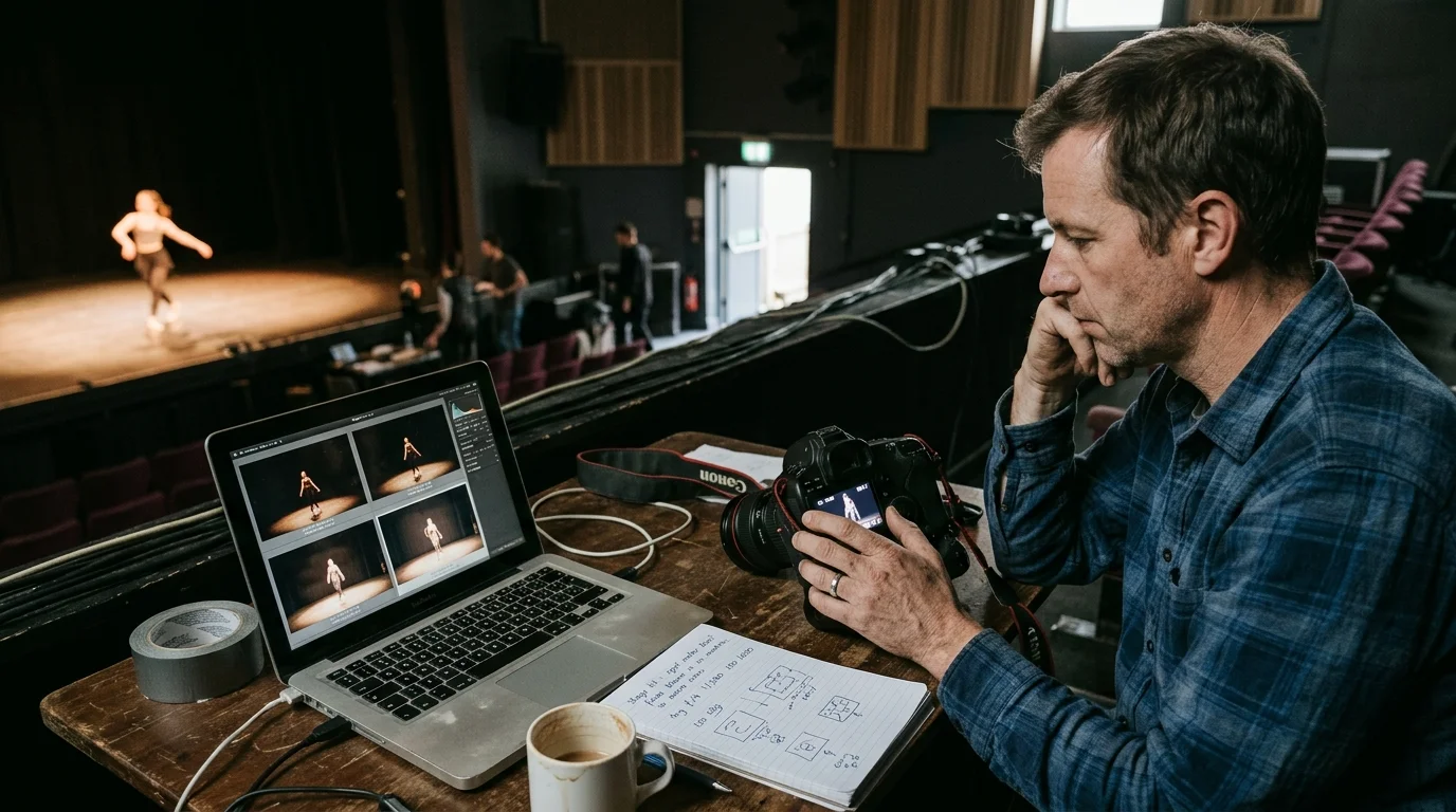 A man sits in an auditorium balcony reviewing stage photos on a laptop and camera beside a dancer illuminated on stage.