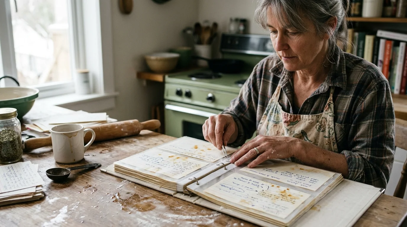 A woman in an apron uses tweezers to place handwritten recipe cards into a binder laid flat on a kitchen table.
