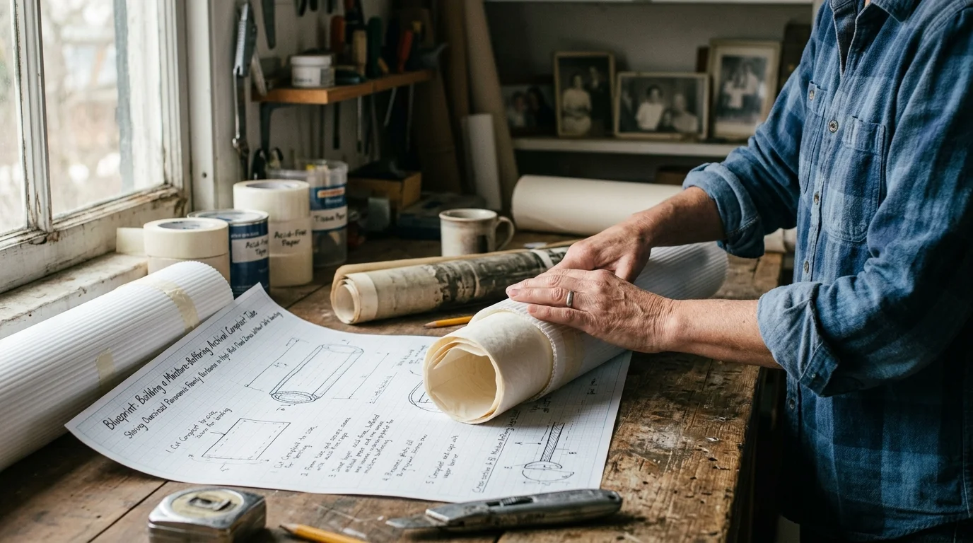 A person rolling white fluted archival Coroplast around wrapped prints on a wooden workbench beside a diagram.