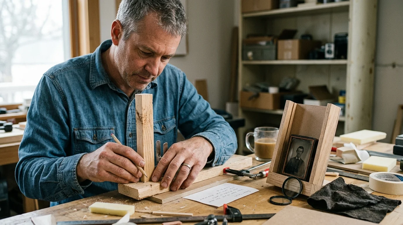 A man marks wood on a workbench next to a vertical wooden stand displaying a framed antique tintype portrait.