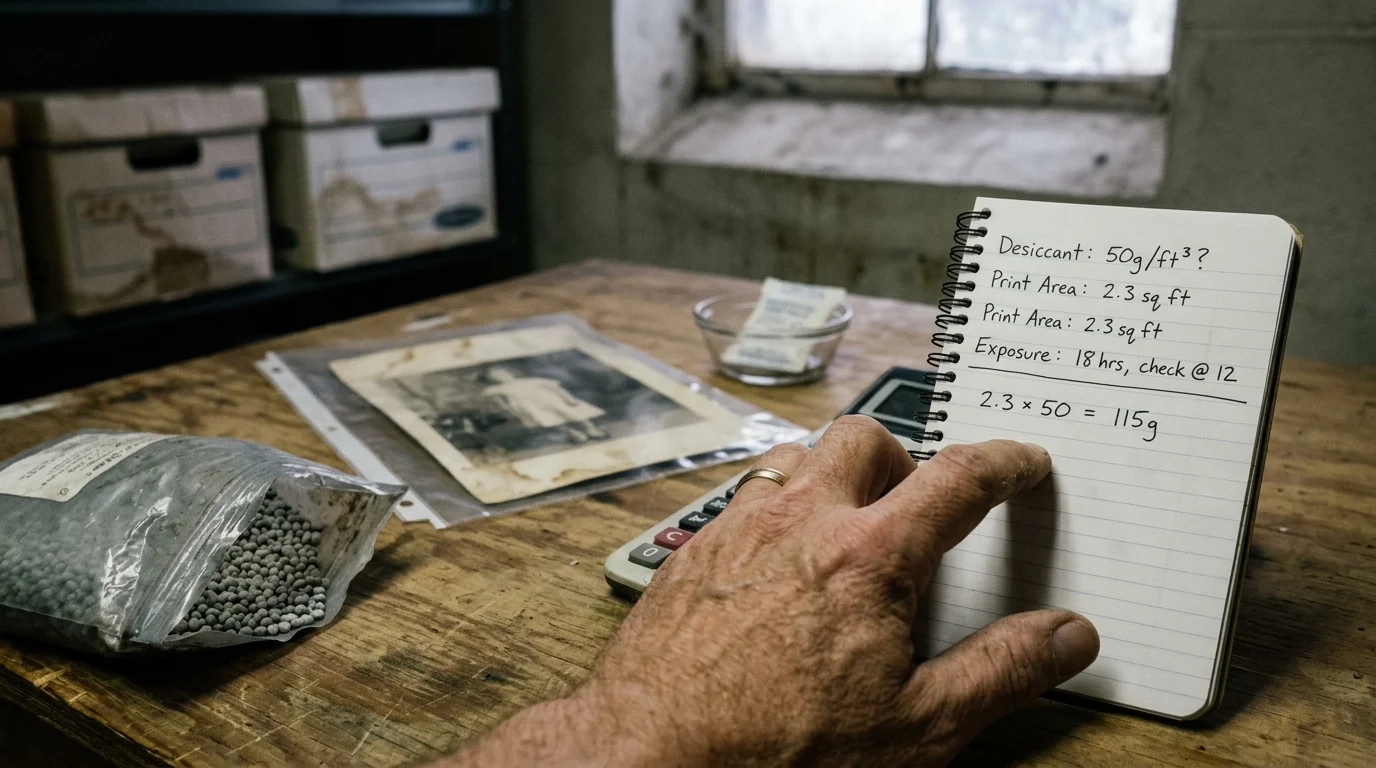 Hand pointing at a spiral notebook with desiccant calculations next to beads, an old photo, and a calculator on a table.