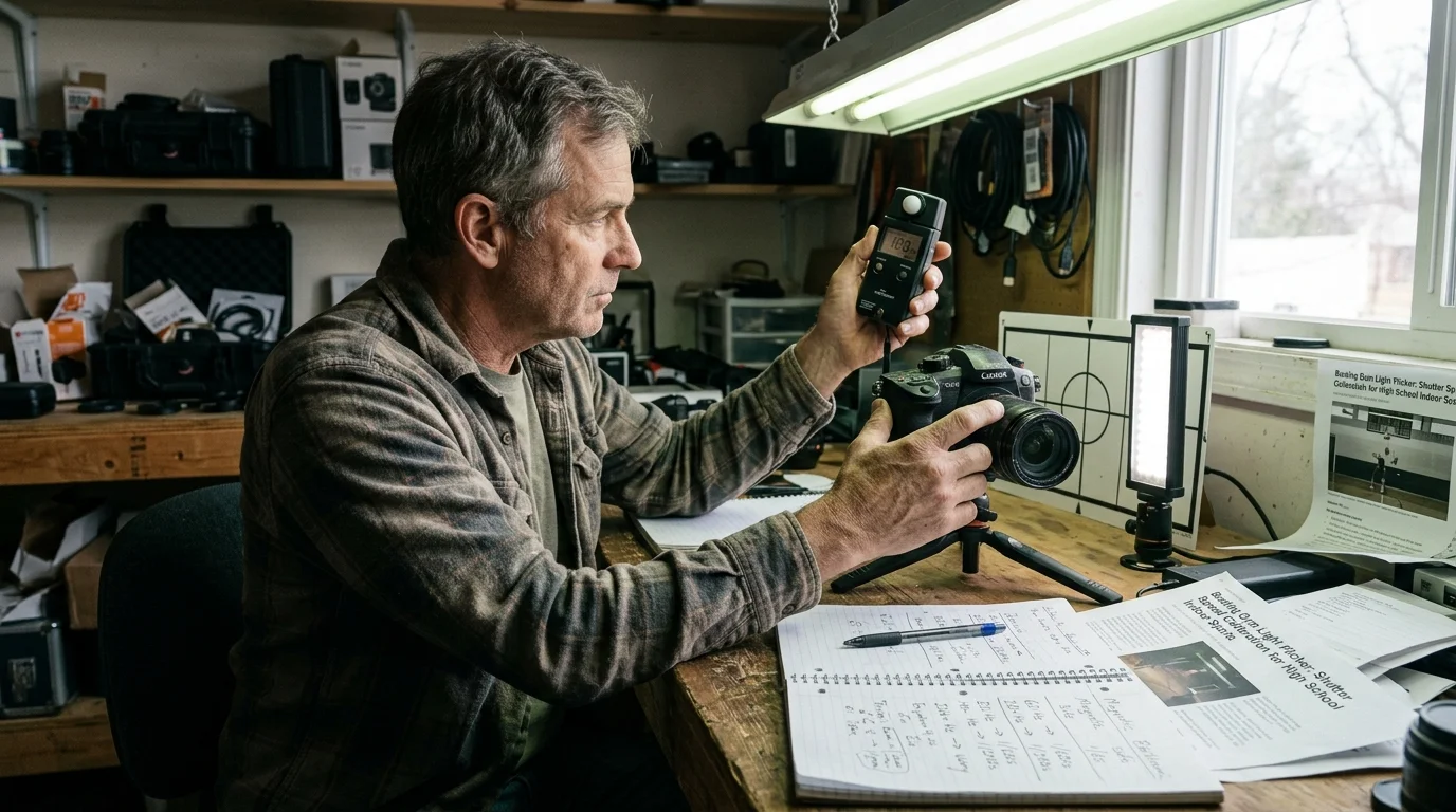 A man at a workbench holding a light meter above a camera on a mini tripod next to handwritten notes.