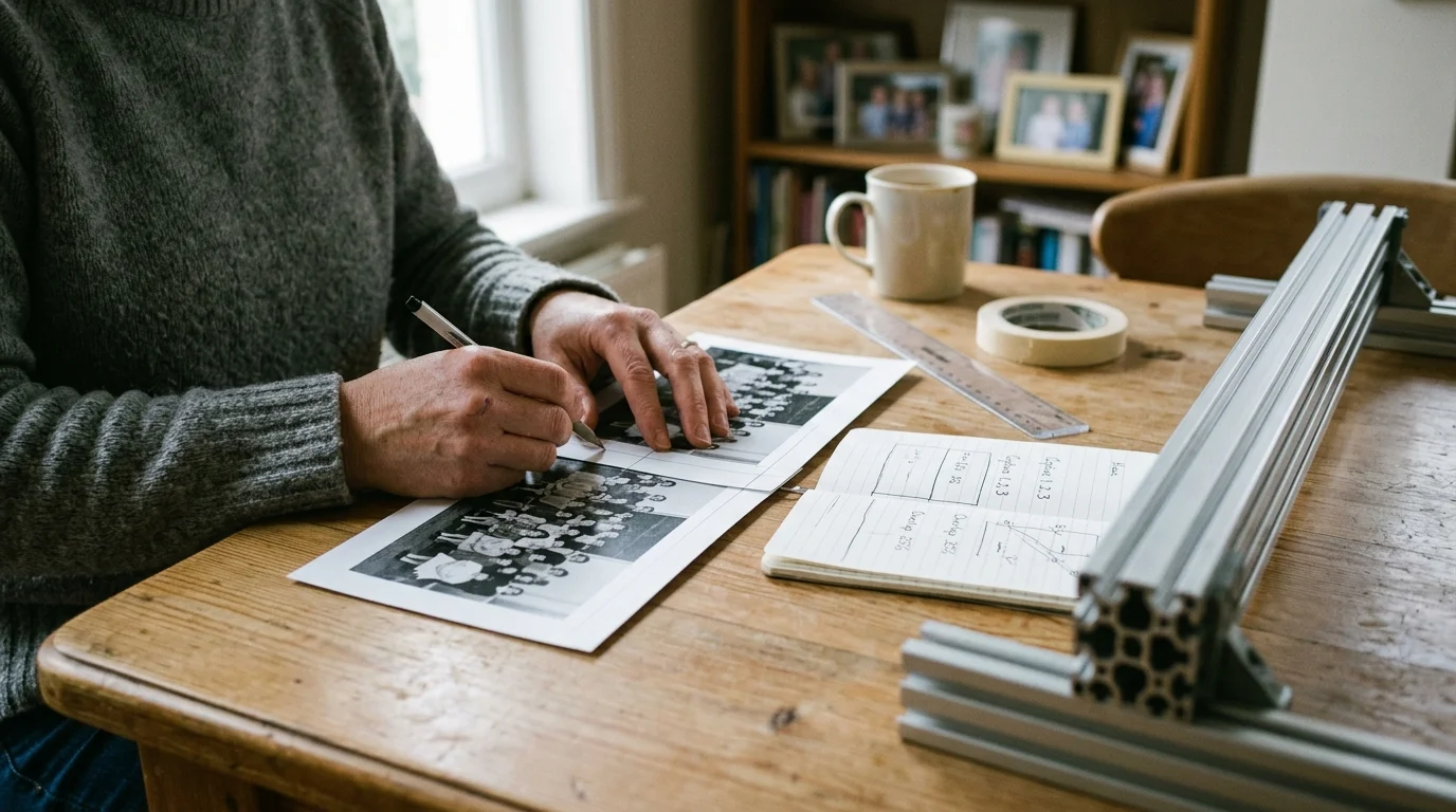 Person writing notes beside vintage class photographs, a notebook, ruler, tape, and an aluminum rail on a wooden table.