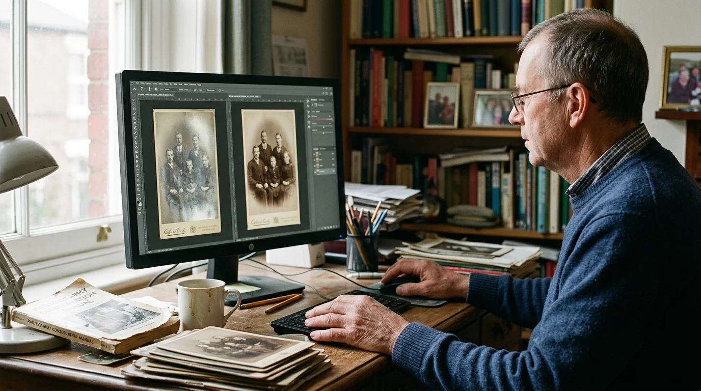 A man sitting at a desk restores vintage portrait photographs displayed side by side on a computer monitor.