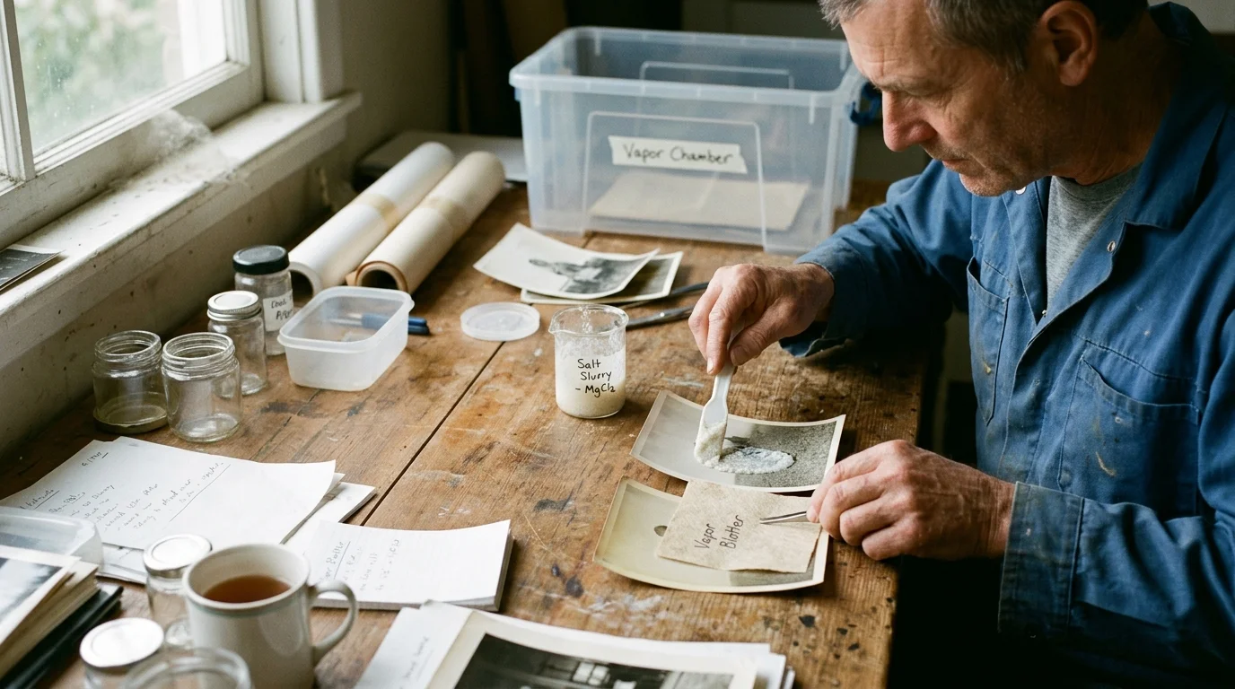 A man at a wooden workbench works with old photographs, a beaker labeled Salt Slurry, and a plastic vapor chamber.