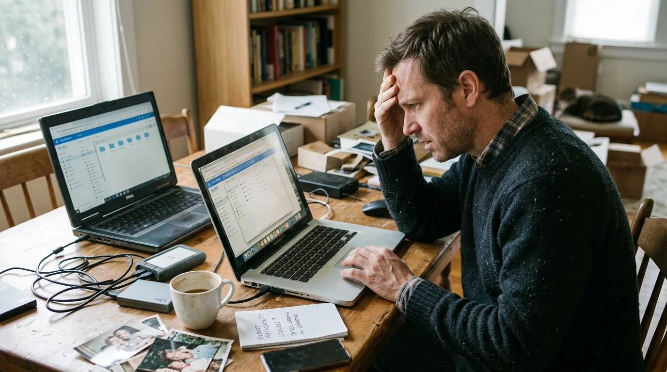 A stressed man sits at a wooden table with two laptops, hard drives, printed photos, and a notepad.