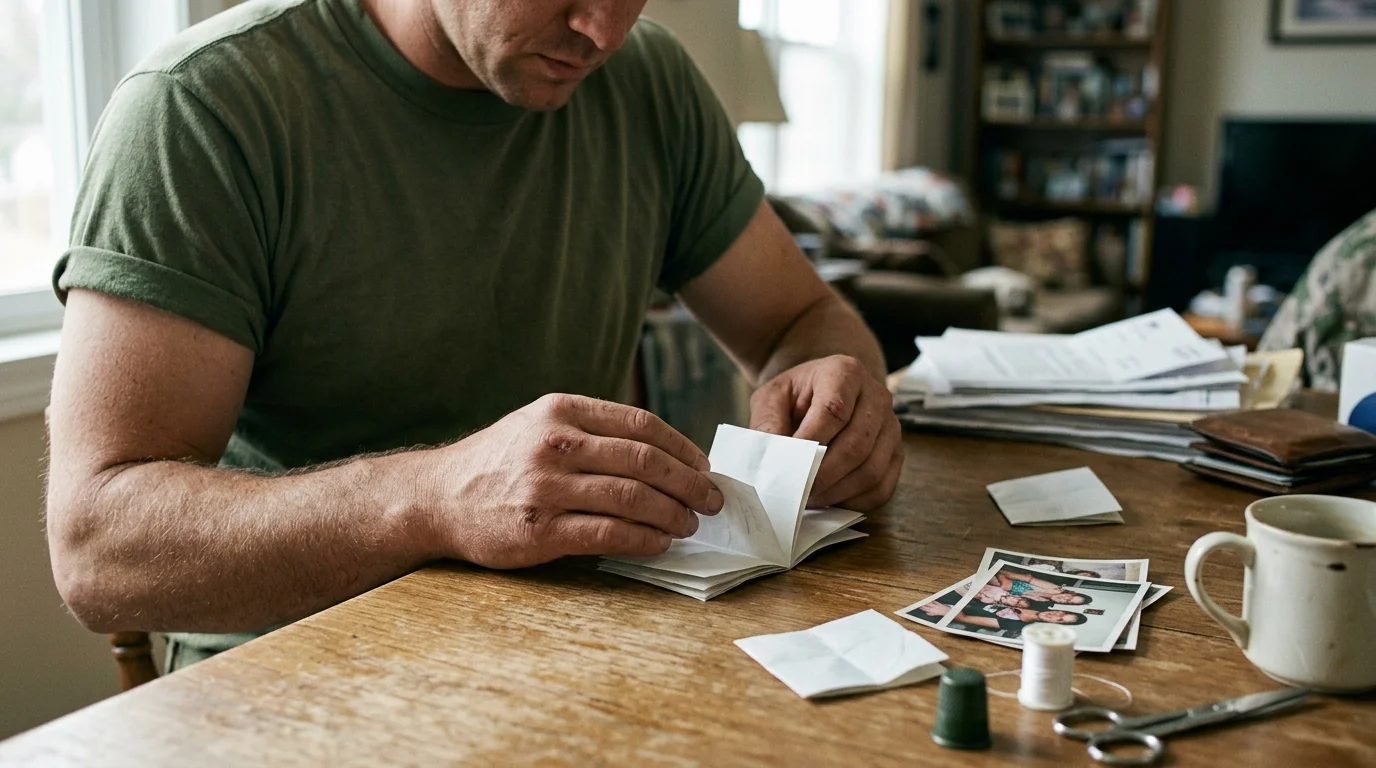 A man in a green t-shirt sits at a wooden table assembling a small folded paper booklet near photos and sewing notions.