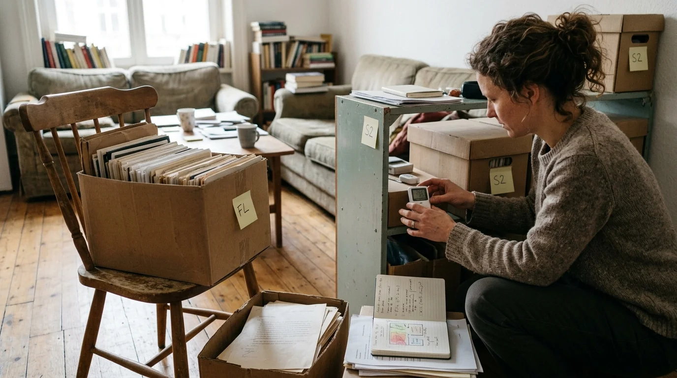 A woman crouches in a living room, checking a digital thermometer beside labeled storage boxes of paper archives.