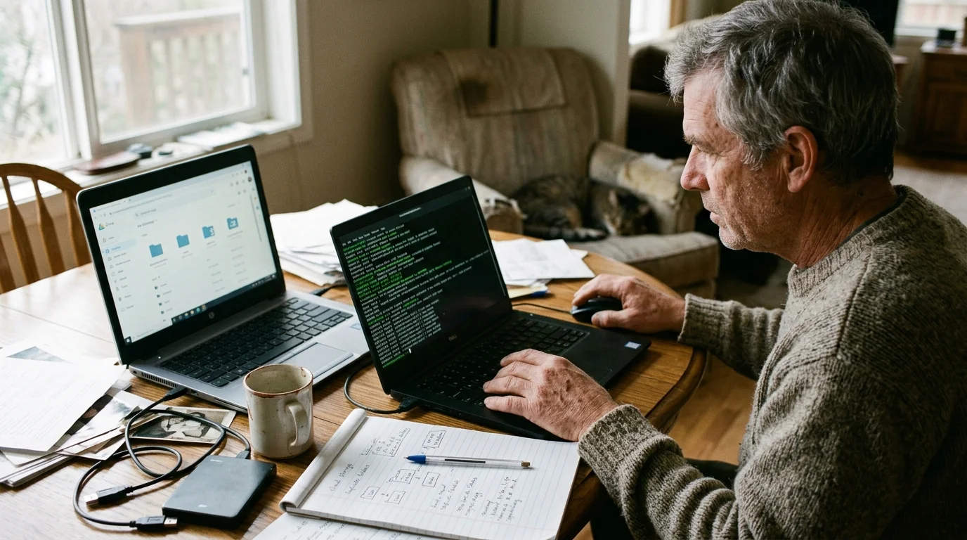Man sitting at a wooden table using two laptops, with an external hard drive, notebook, and coffee mug nearby.