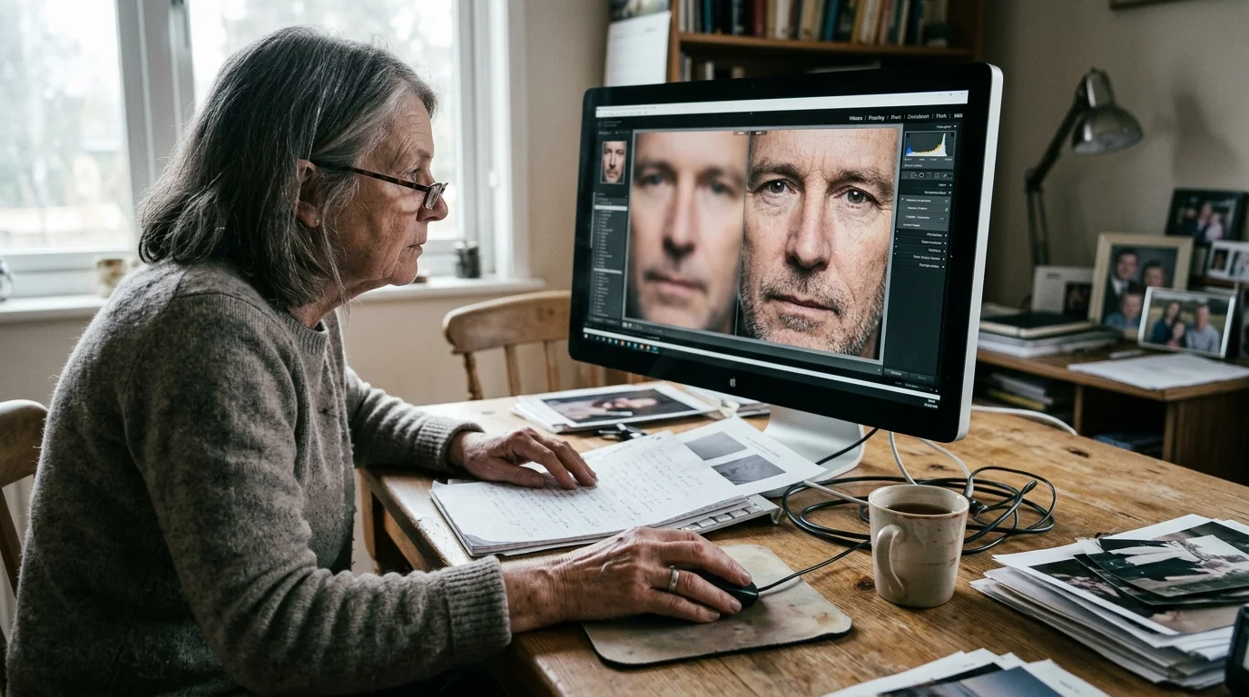A woman sits at a wooden desk editing a side-by-side portrait comparison on a computer monitor.