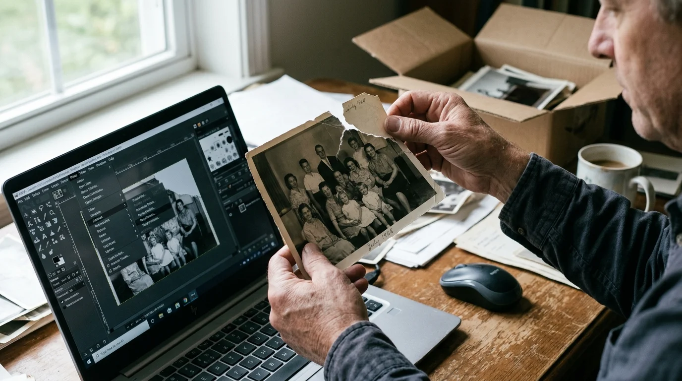 A man holds a torn black-and-white family photo in front of a laptop displaying photo editing software.