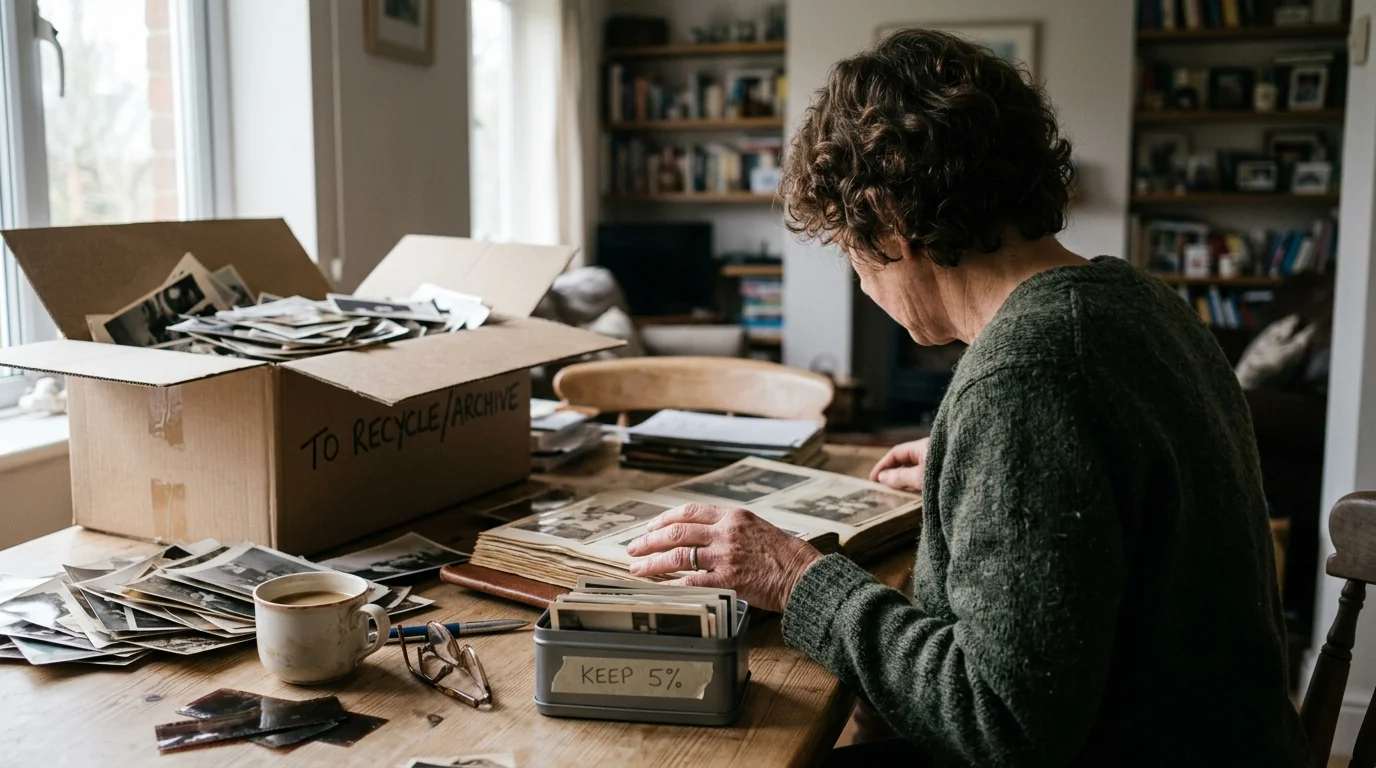 A person sorting old photos at a wooden table beside a cardboard box and a small tin labeled keep 5 percent.
