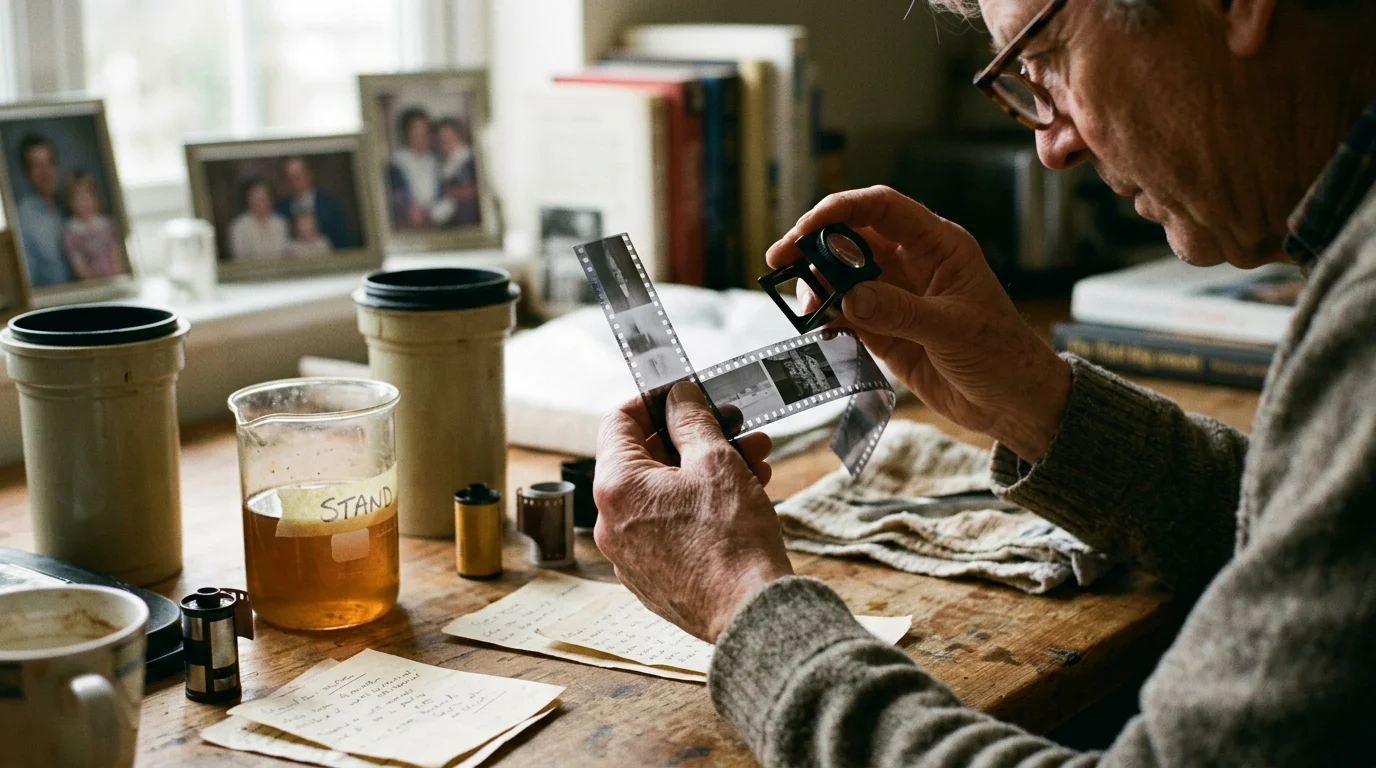 A man inspects black-and-white 35mm film negatives using a magnifying loupe at a wooden desk with chemical beakers.