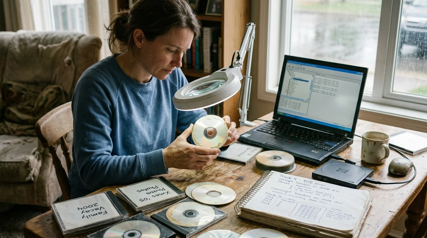 A woman inspects a deteriorating CD under an illuminated magnifying lamp at a desk beside a laptop and disc cases.