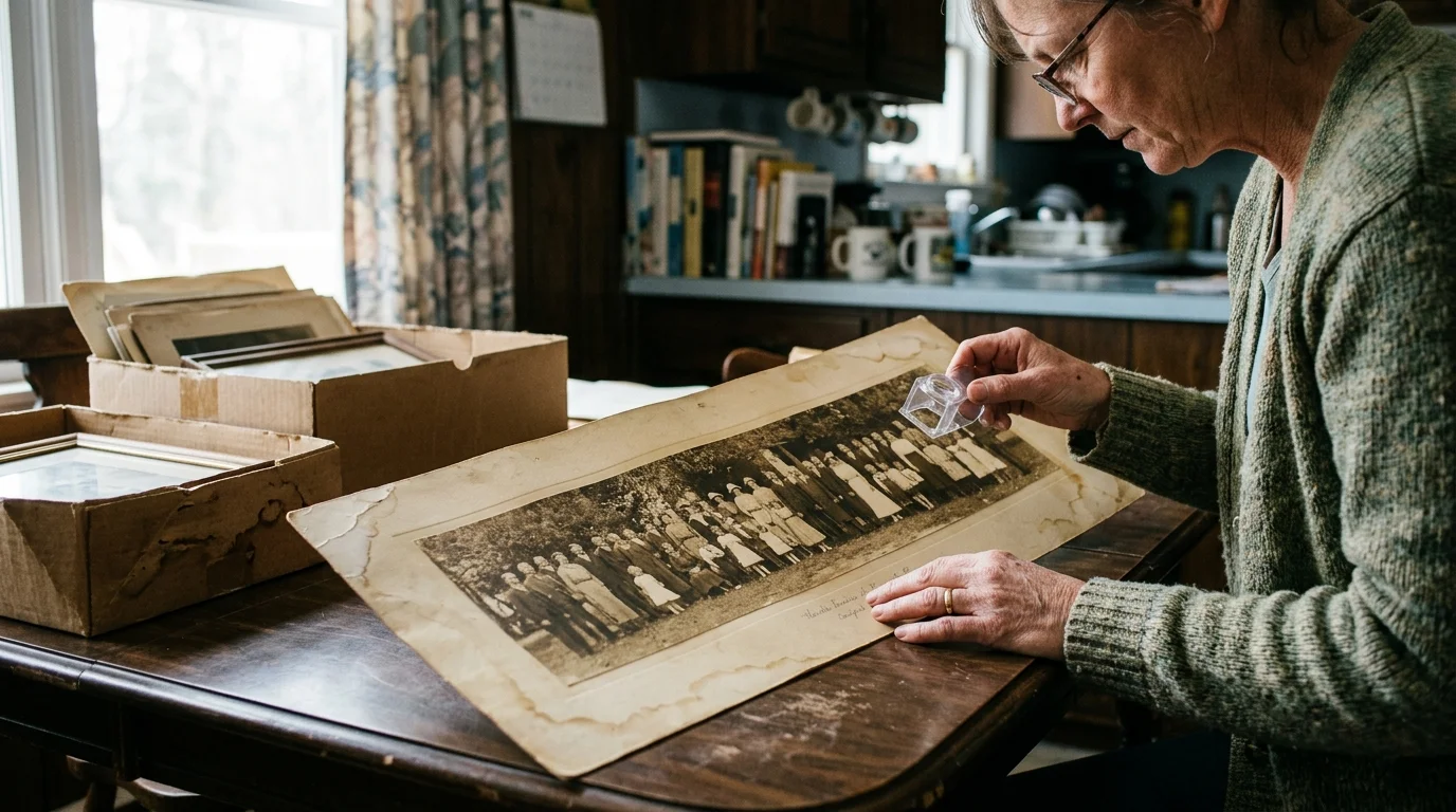 A woman uses a small magnifying loupe to examine an oversized, panoramic vintage black-and-white group portrait on a table.