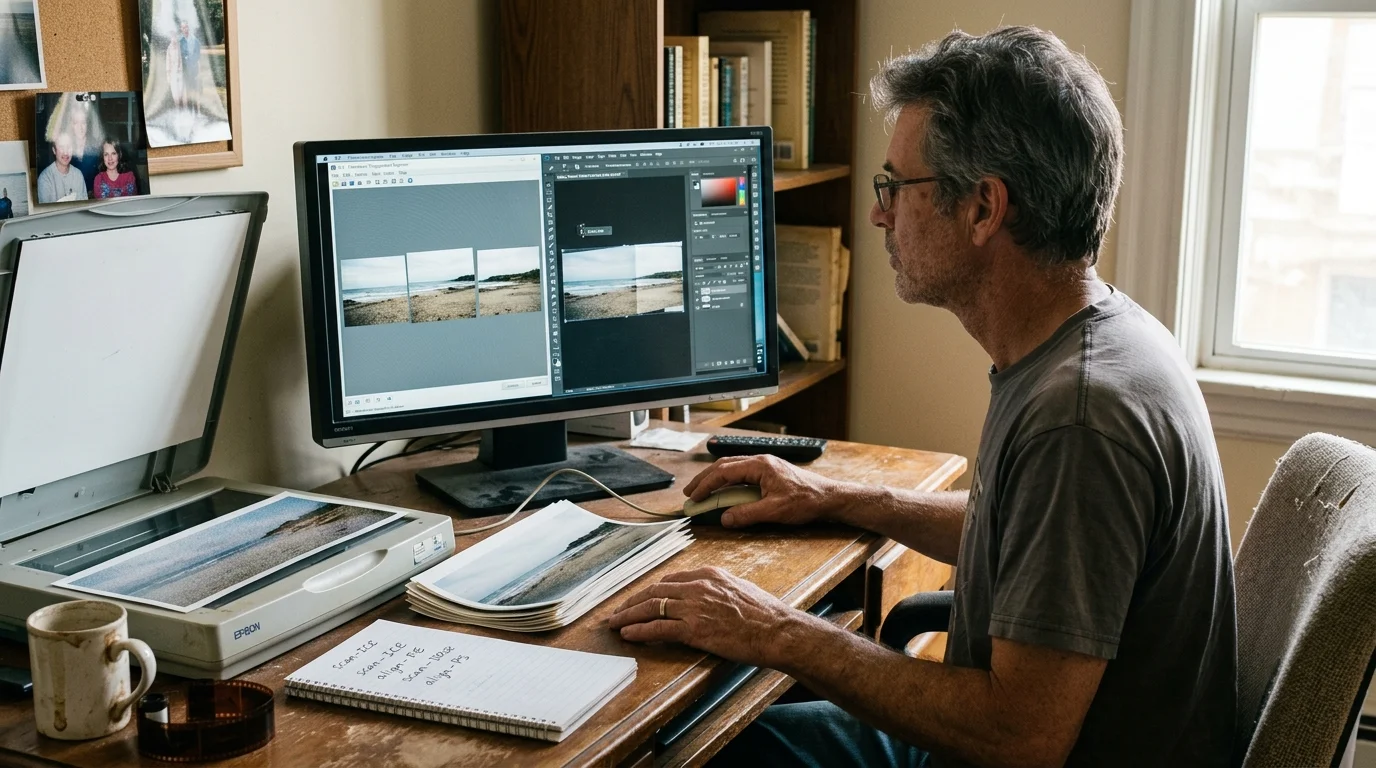 A man at a desk edits panoramic photo scans on a computer monitor beside a flatbed scanner and prints.