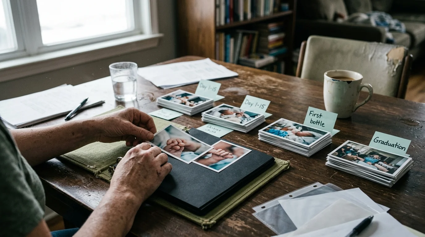 Person assembling a photo album at a wooden table with sorted stacks of prints labeled with sticky notes.