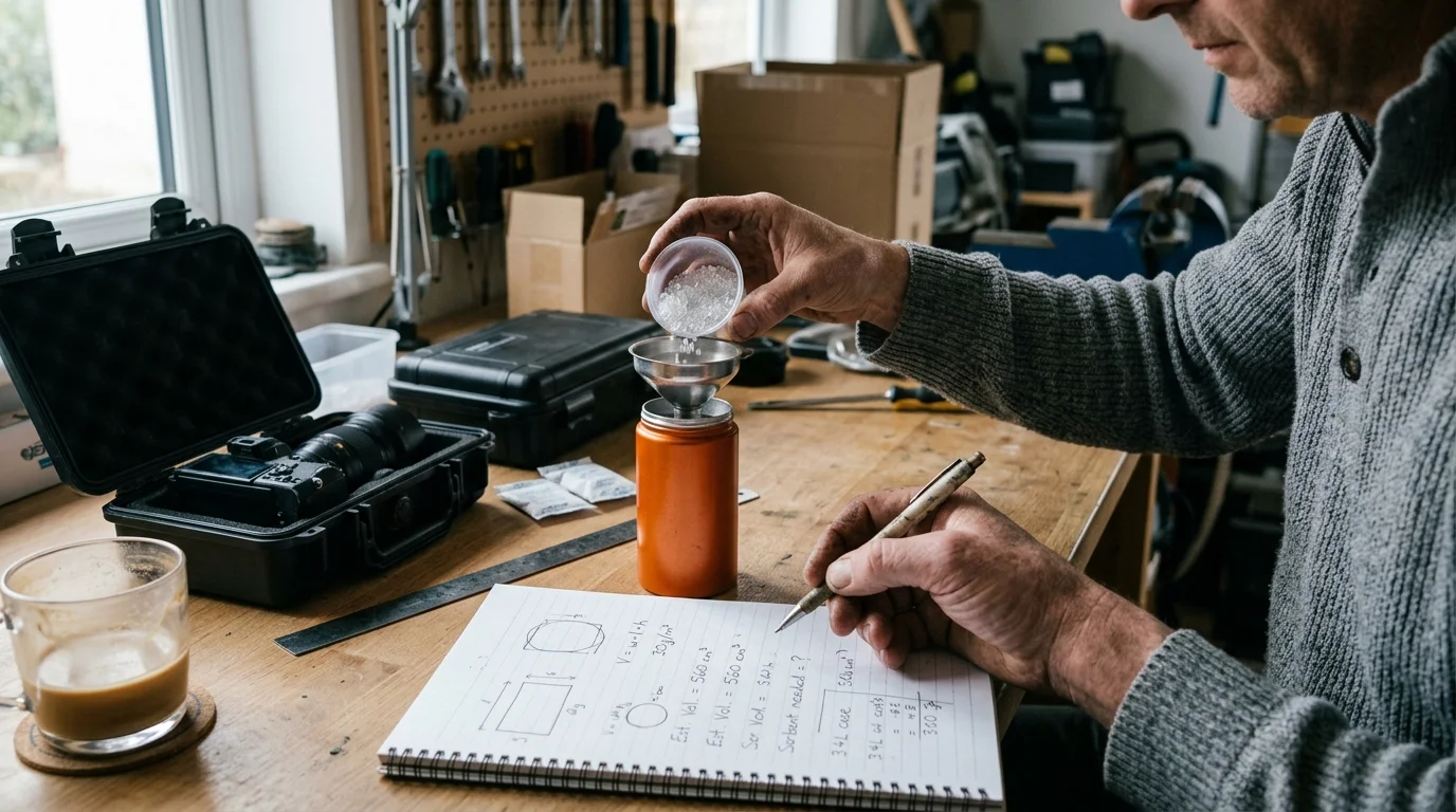 A man pours silica gel beads through a funnel into a canister next to a notebook with volume calculations.
