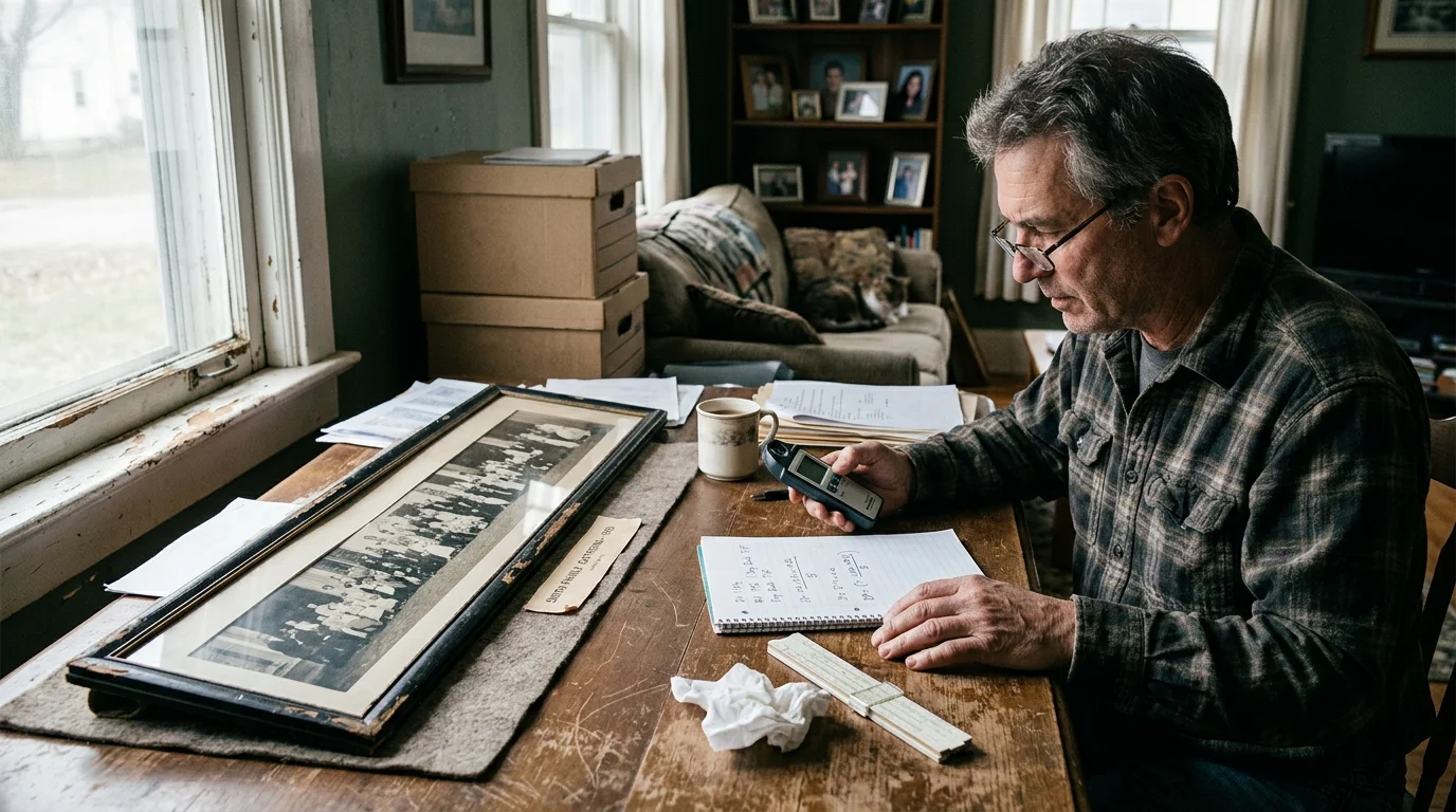 A man sitting at a wooden table examines a digital meter next to a framed panoramic photograph and handwritten notes.