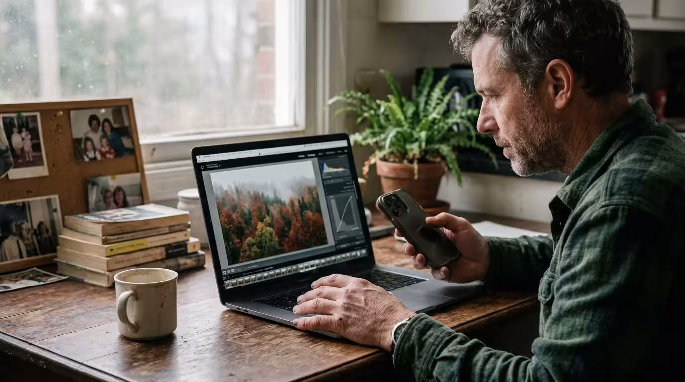 Man sitting at a wooden desk editing a misty autumn forest photo on a laptop while holding a smartphone.