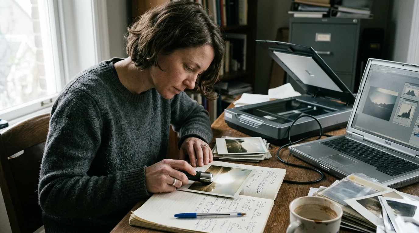 A woman inspects a photograph with a magnifier at a wooden desk beside an open flatbed scanner and a laptop.