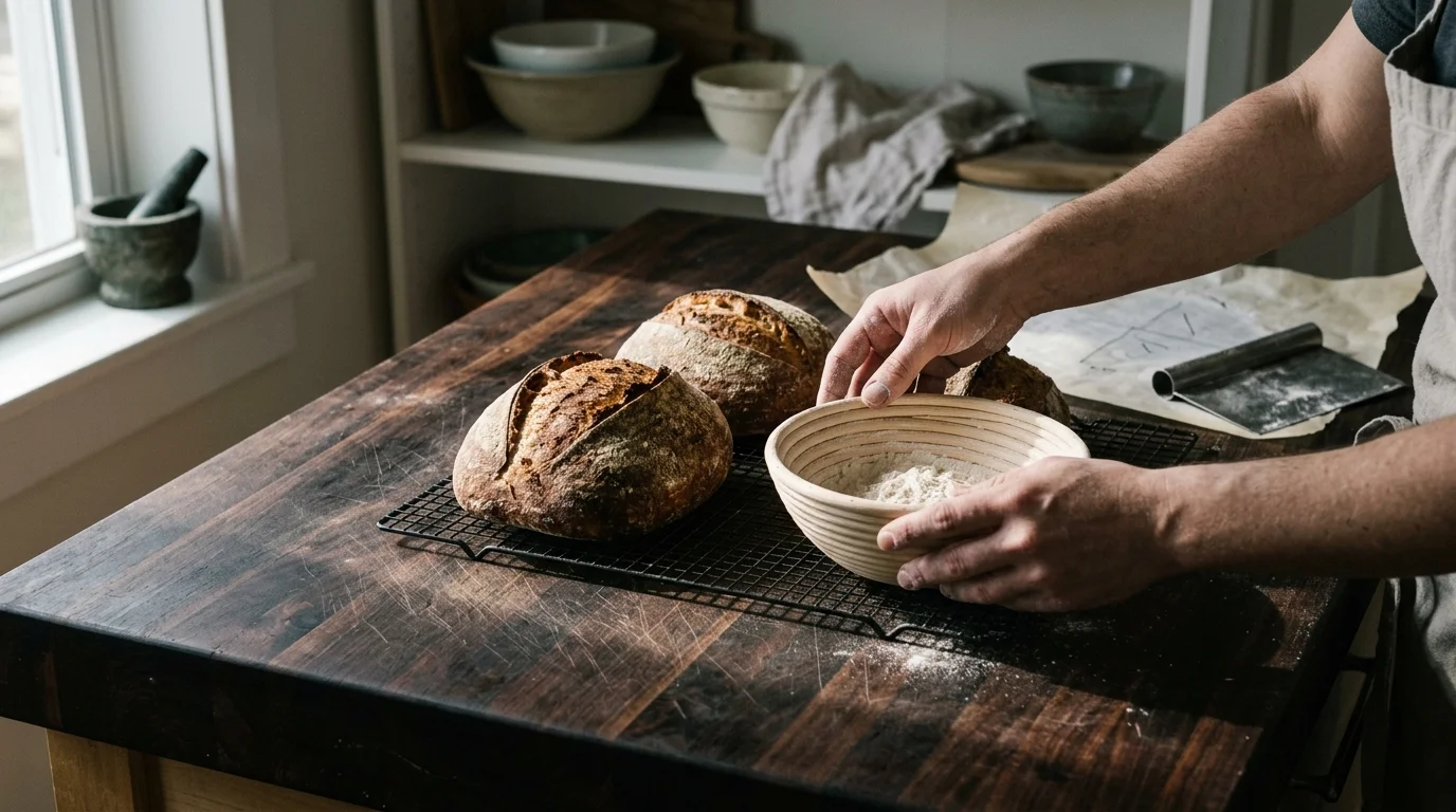 Baker holding a proofing basket next to freshly baked loaves of sourdough bread on a dark wooden butcher block island.