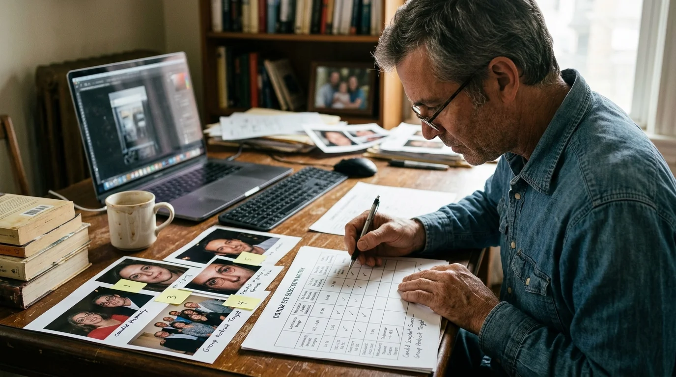 A man wearing glasses writes on a paper matrix chart beside printed portrait photos, a laptop, and a keyboard at a desk.