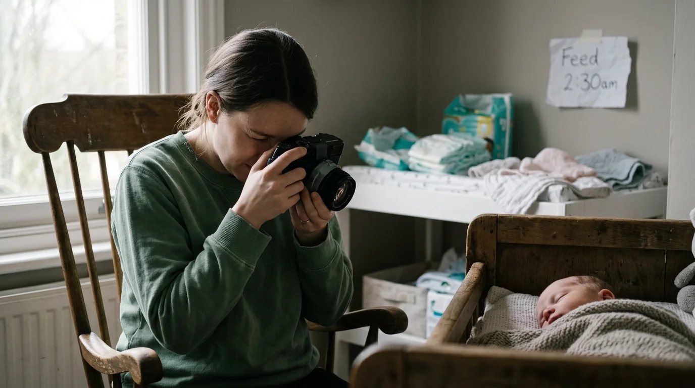 A woman in a green sweatshirt sits in a rocking chair photographing a sleeping infant in a wooden crib.