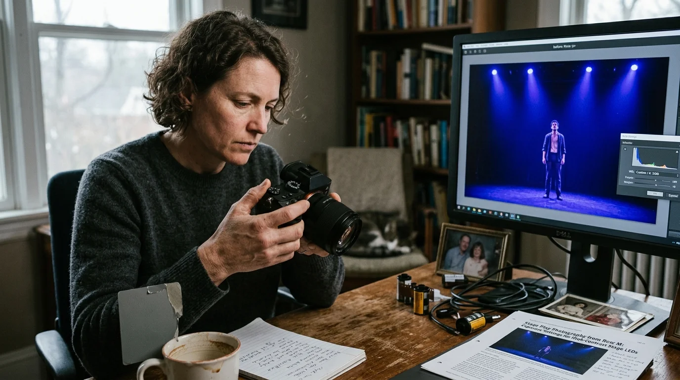 A woman sits at a desk holding a camera beside a monitor displaying a stage play photo under blue spotlights.