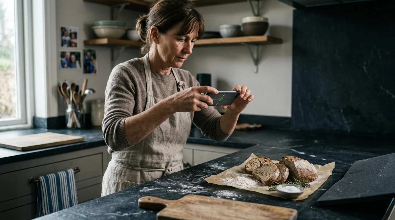 A woman in an apron holds a smartphone over sliced artisan bread on a dark countertop in a kitchen.