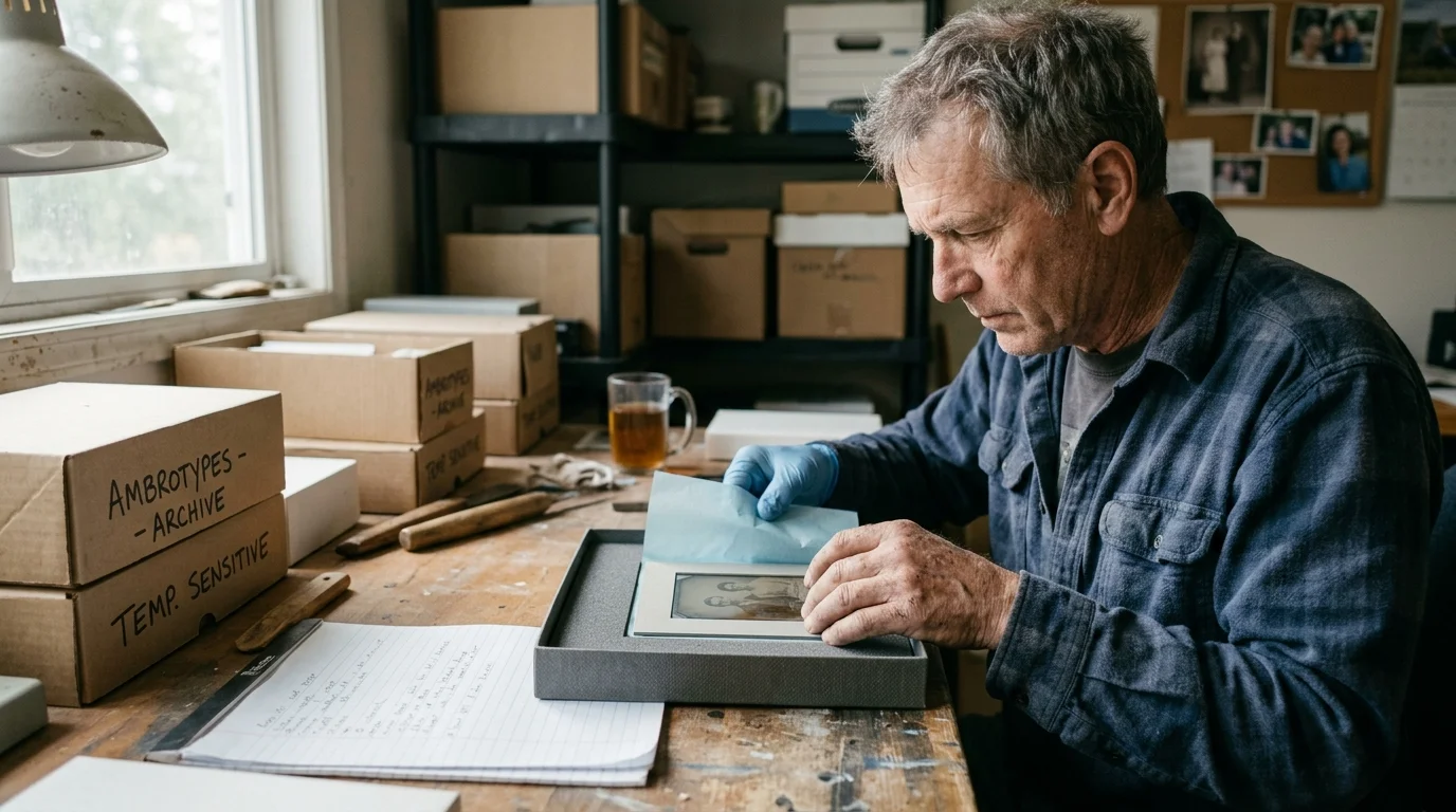 A man in blue gloves inspects an ambrotype photograph inside an archival box at a wooden workbench.