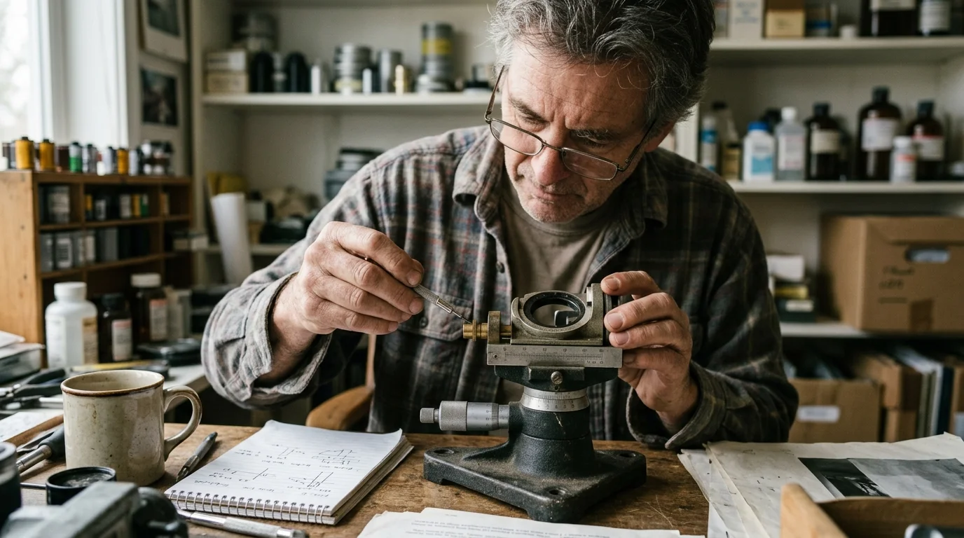 A man wearing glasses works with a fine tool on a small mechanical optical device mounted on a wooden workbench.