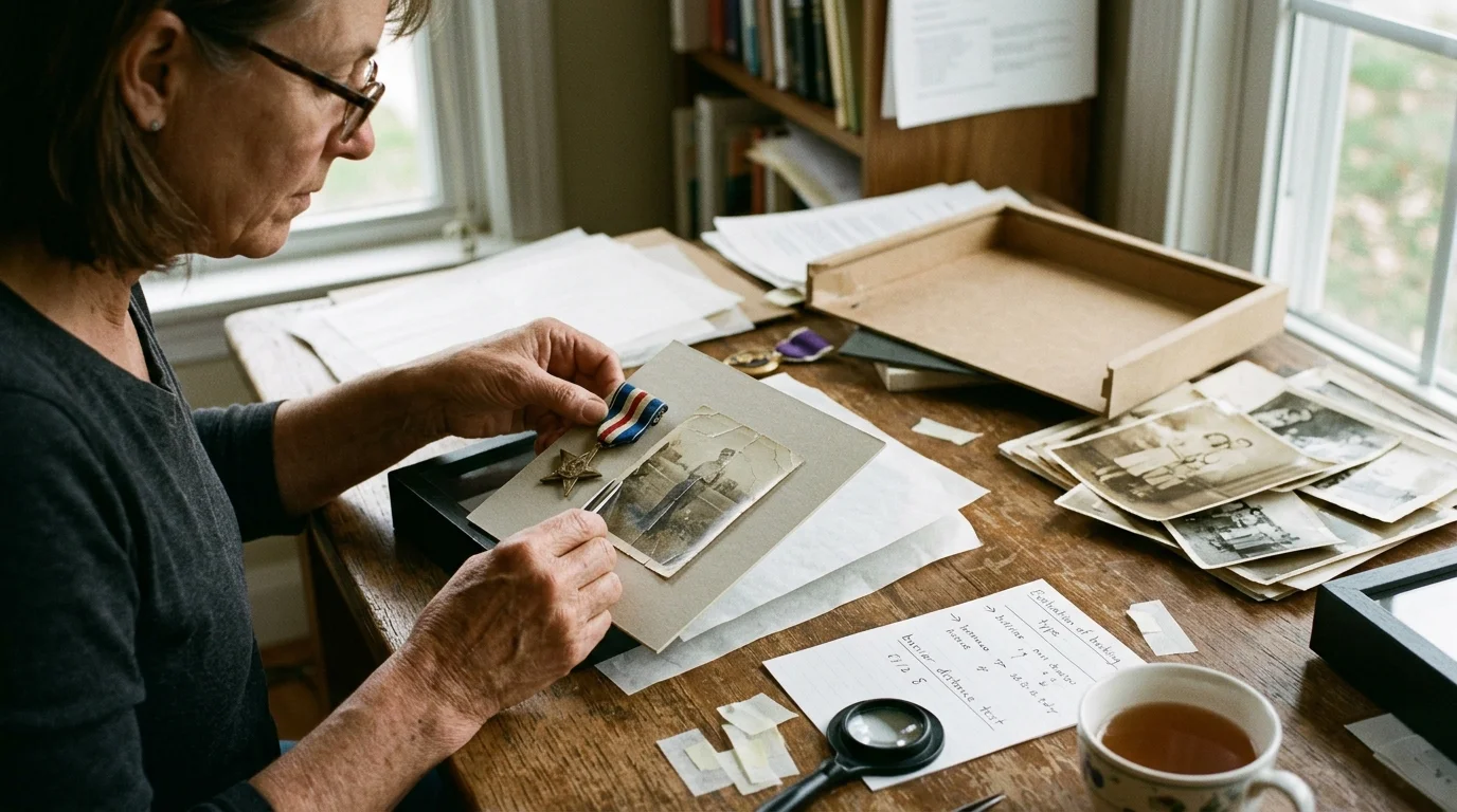 A woman working at a wooden desk mounts an old photograph and military medal onto a display mat using tweezers.