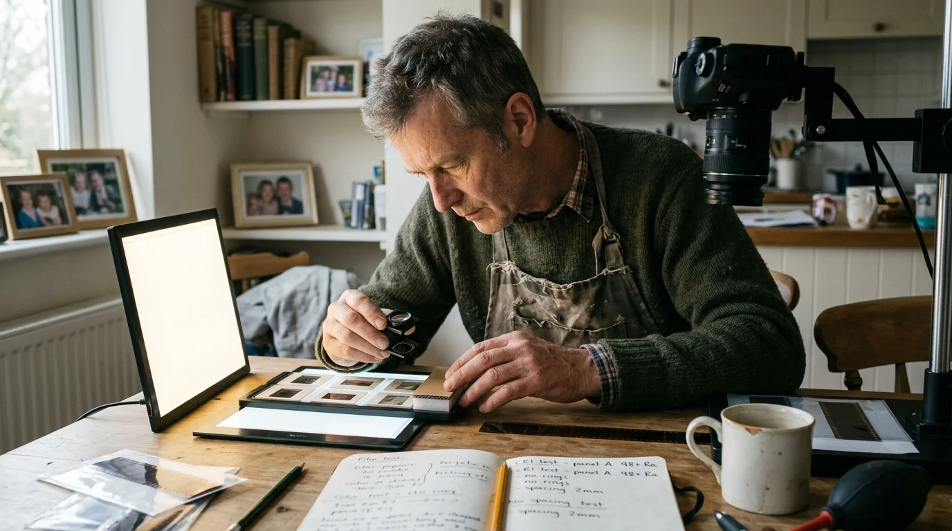 A man examines photographic slides with a loupe on a desk set up with light pads, film strips, and a mounted camera.