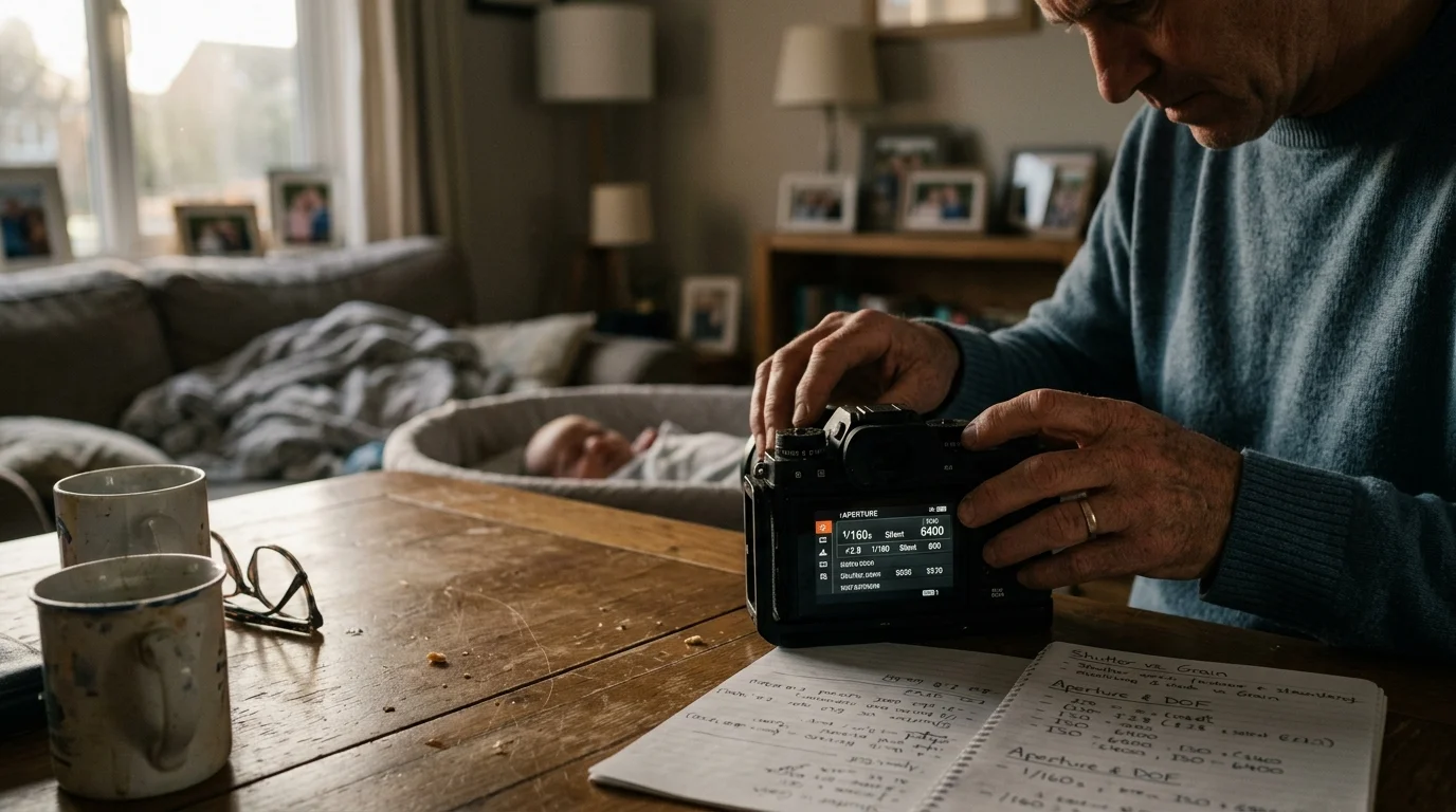 A man adjusts settings on a digital camera screen at a table while a sleeping baby rests in a bassinet nearby.