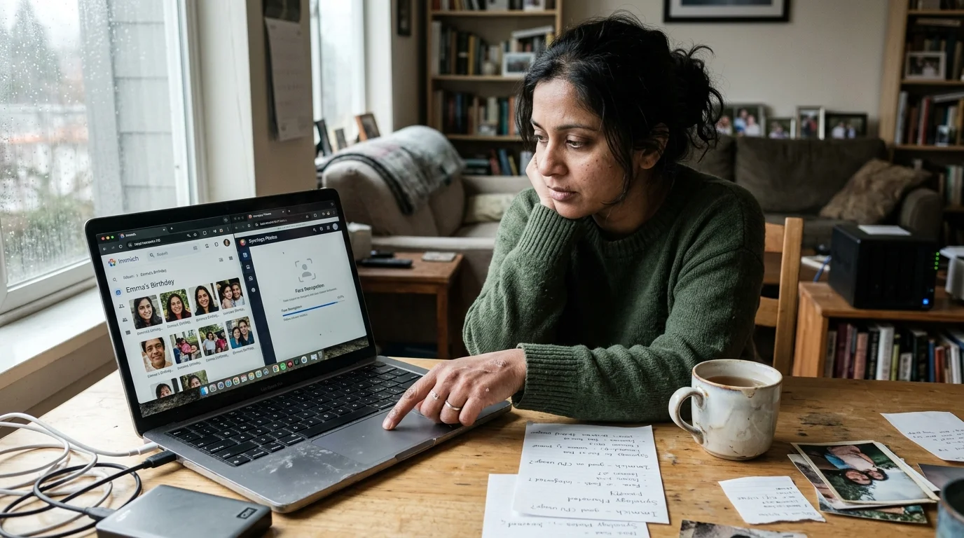 A woman sits at a table looking at a laptop displaying photo management interfaces alongside notes and external drives.