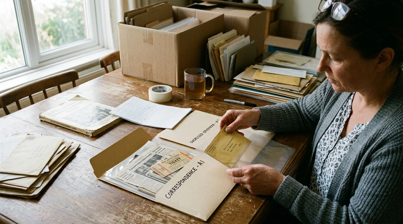 A woman organizes archival envelopes, folders, and old ephemera on a wooden table beside cardboard storage boxes.