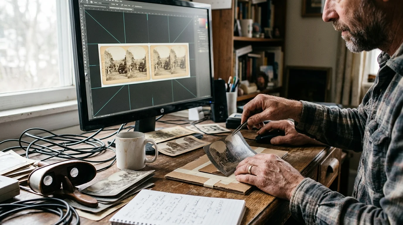 Man at a desk editing a stereoview scan on a computer monitor beside physical antique stereocards and a stereoscope.